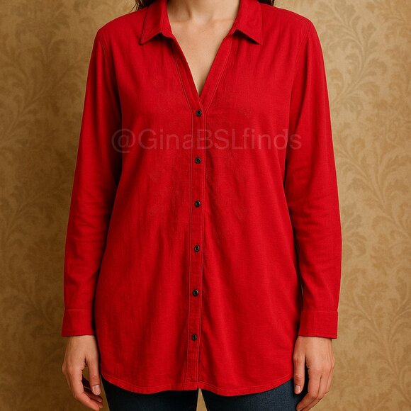 J Jill Womens Embroidered Red Button Up Knit Tunic Top Long Sleeve Size XL - Picture 1 of 8
